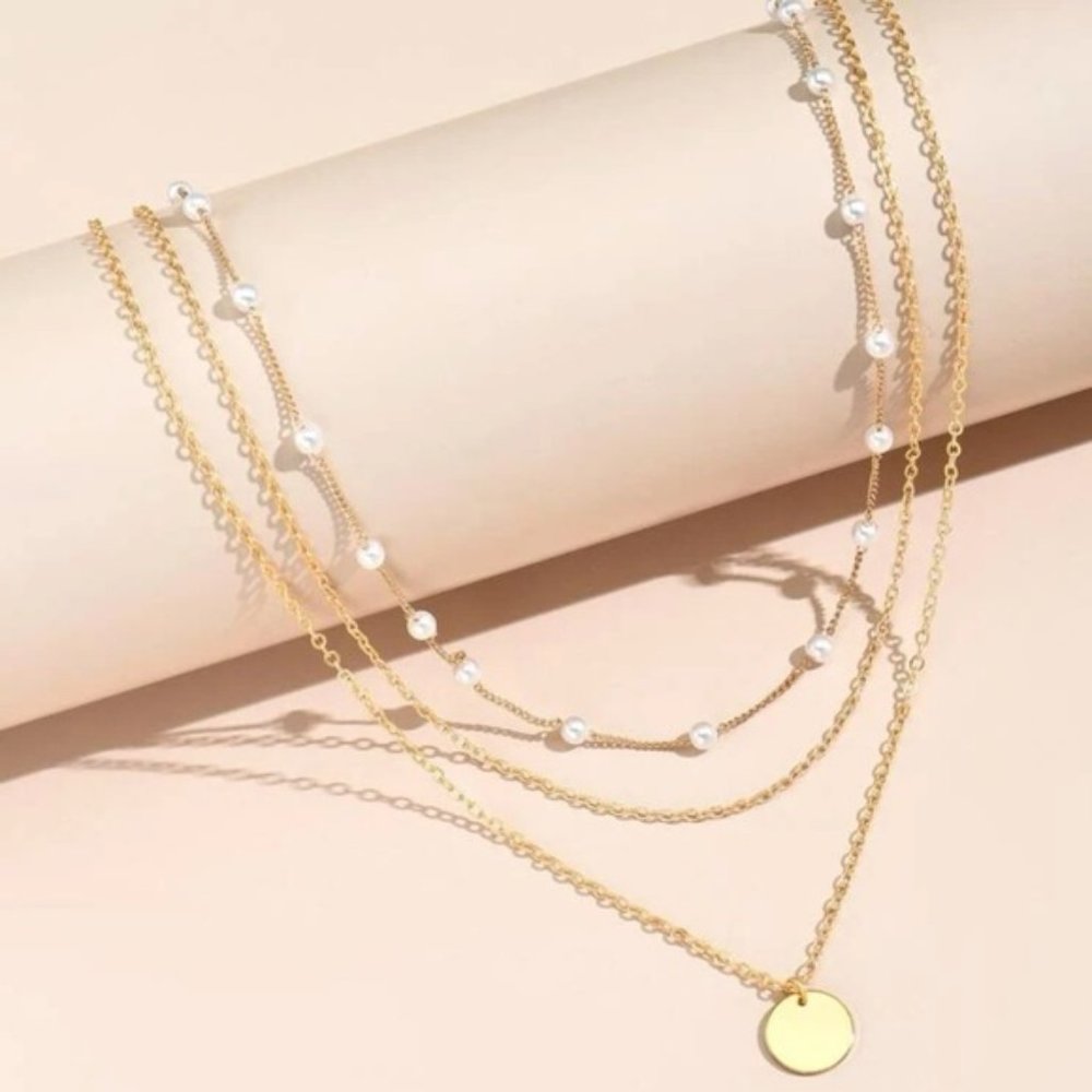 Yellow Gold Plated Disc Faux Pearl Necklace - 2 pieces - Picture 2 of 6